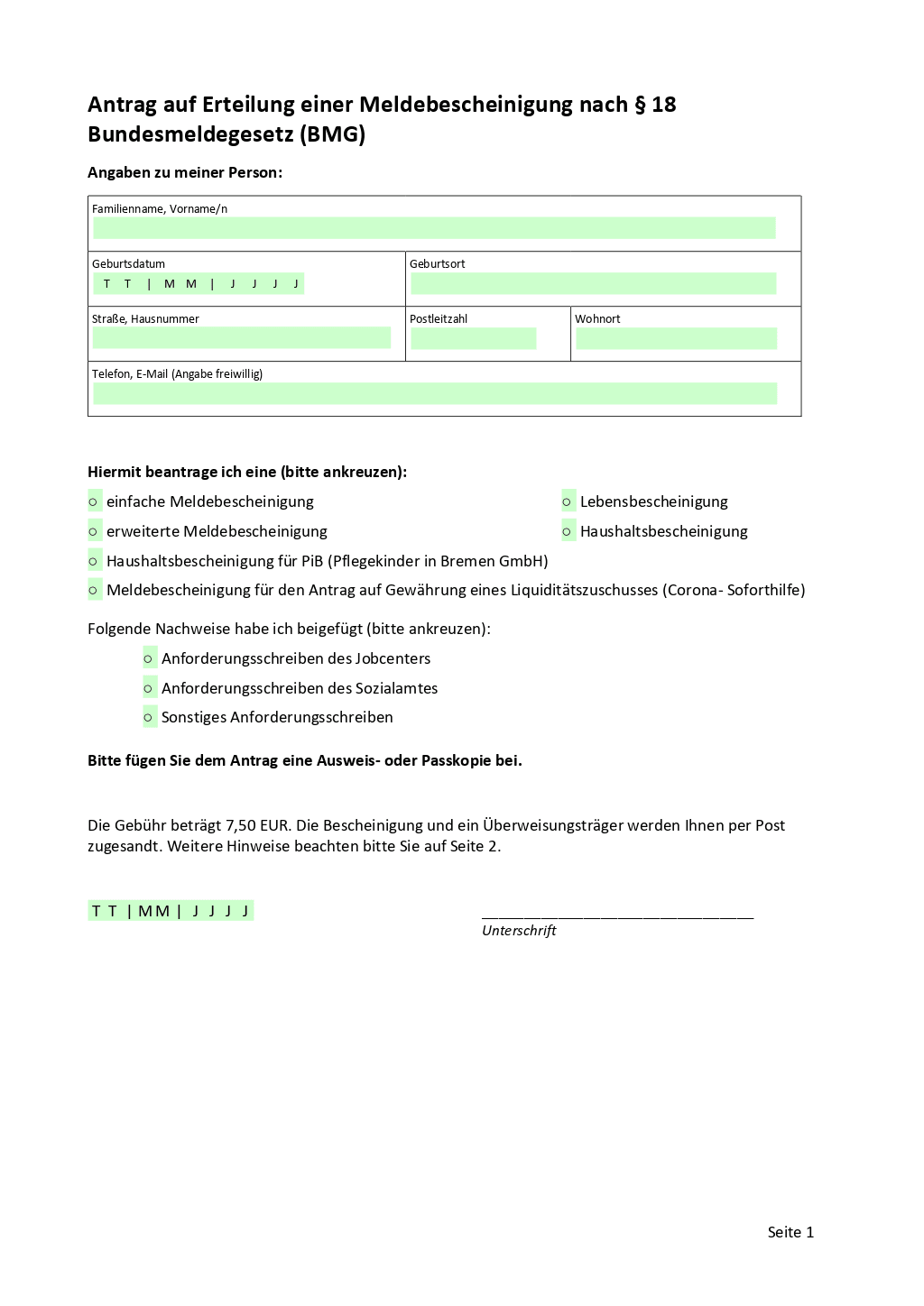 Formular für Meldebescheinigung