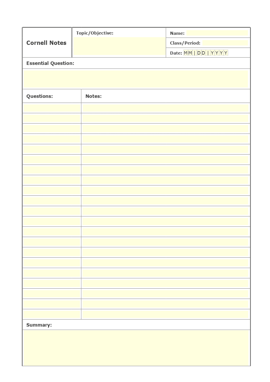 Cornell notes form